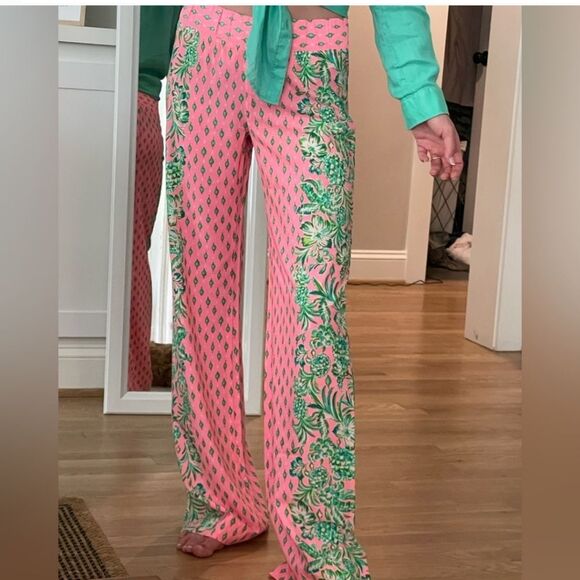 Lilly Pulitzer Elastic Waistband Wide Leg Palazzo Pants Pink & Green, XS - Picture 8 of 15